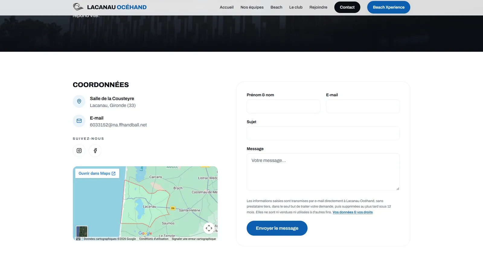 Page contact du site Lacanau Océhand avec carte