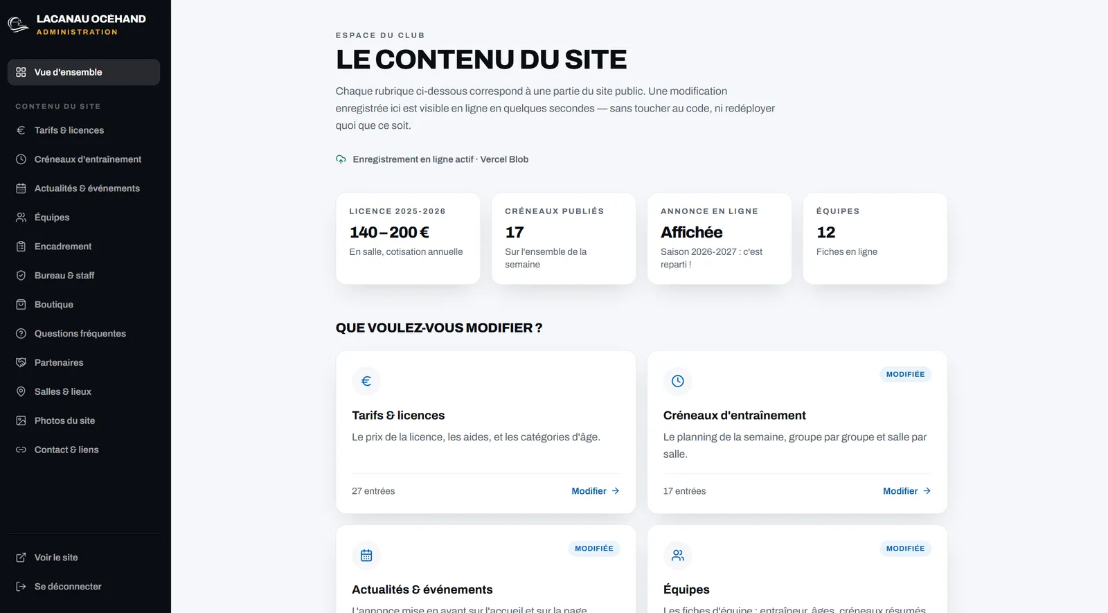Espace d'administration de Lacanau Océhand : vue d'ensemble du contenu