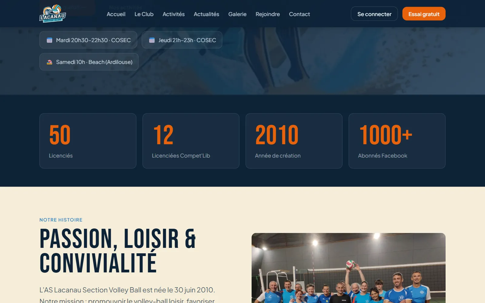 Chiffres clés et histoire du club sur le site Lacanau Volley