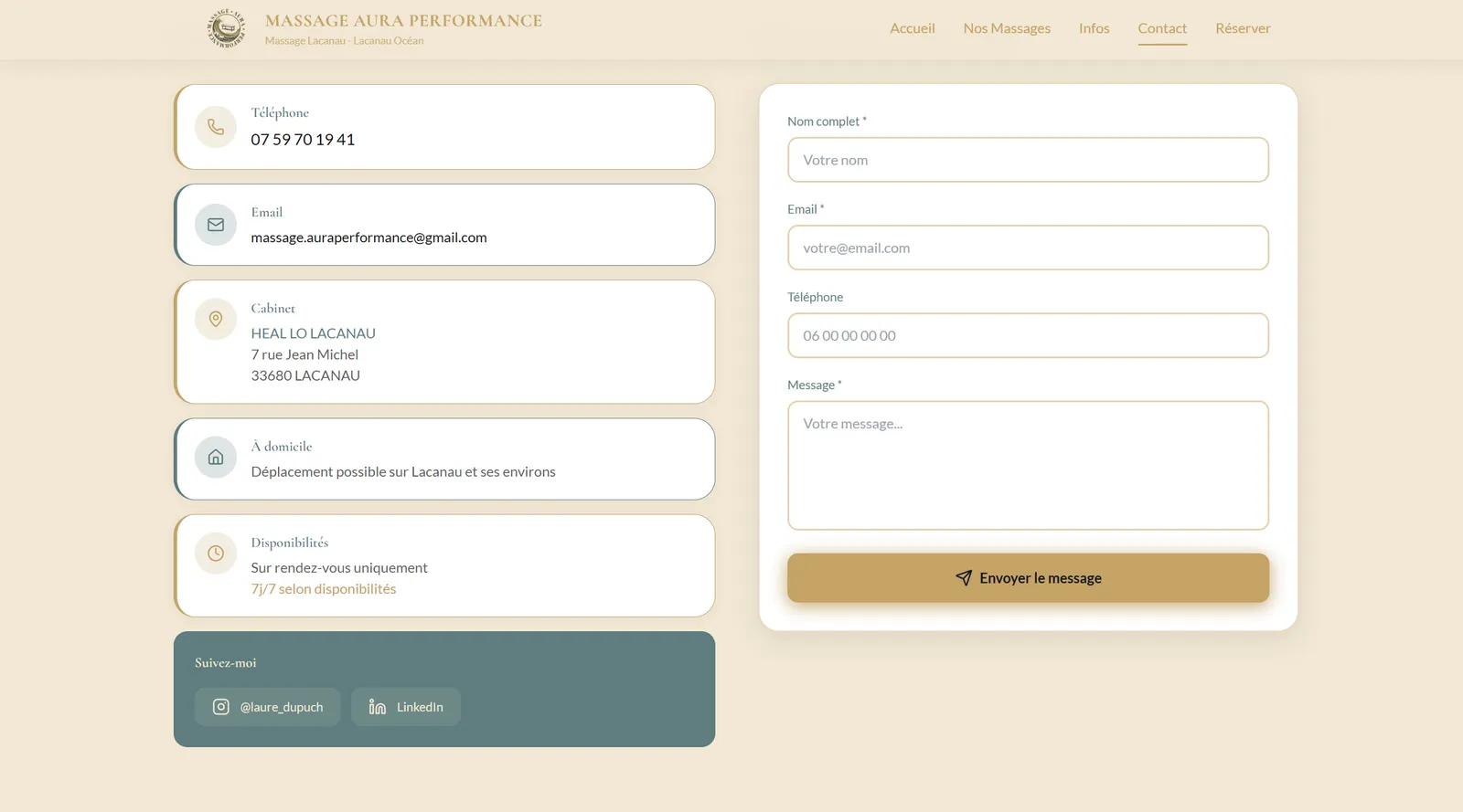Page contact du site Massage Aura Performance