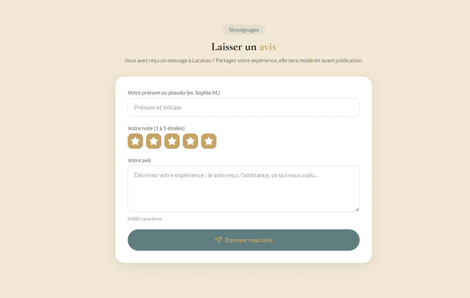 Formulaire d'avis clients du site Massage Aura Performance