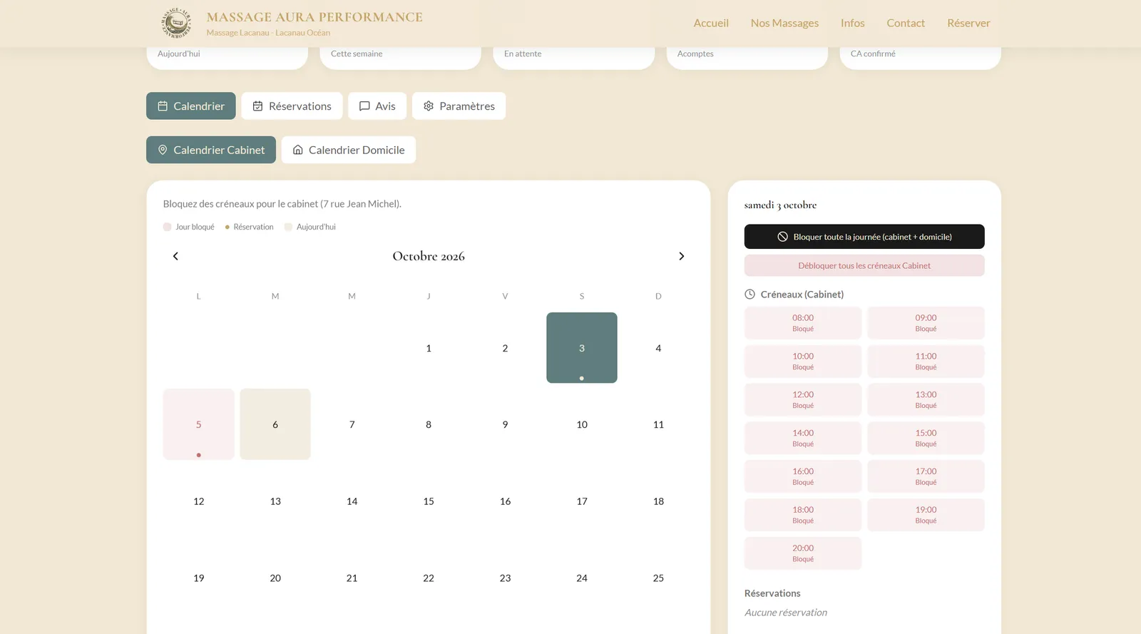 Espace d'administration de Massage Aura Performance : calendrier et créneaux bloqués